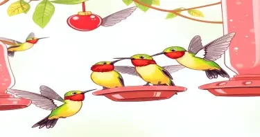 a cartoon drawing of a group of very happy beautiful hummingbirds enjoying nectar from several feedershummingbird.