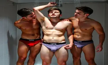 3 young college buddies showering in very tight sheer underwear with big cocks and excited to see each other, aroused, the middle guy is on his knees