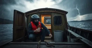 Man taking shelter inside the lower cabin of a docked old houseboat, crouched wearing a motorcycle helmet, life vest and clutching a coors light beer during a severe thunderstorm with torrential rain and strong winds