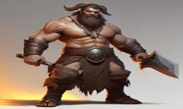 A 5E dnd charachter who is a male half-giant barbarian /paladin. He is profoundly strong, weilds a flaming axe, and wears almost no armor.