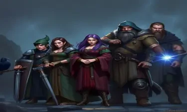 A five member dungeons and dragons adventuring party consisting of: A red-skinned thin male elven bard, a thin adrogynous female half-elf cleric/warlock wearing chainmail with a shadow raven familiar,  a curvy female half-elf warlock with purple hair wearing robes, a short but wide male dwarven ranger, and a very tall male half-giant barbarian/paladin.