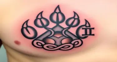 A German Celtic  bear paw tattoo with an alpha symbol on the right front pec  with a Gemini symbol in the center