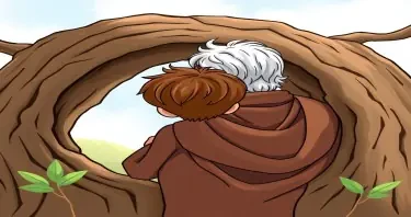 a cartoon drawn little boy with brown hair and his grandfather with short gray hair from the back view looking out from a hollow tree . This is for a children's book so make him cute, innocent and likeable for the reader to look at. I would like the same character doing the following: wearing 815 BC Ancient Greece clothes. https://www.imagiyo.com/images/mxkaz6Y5aJ0P/view
