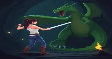 A woman wearing a white tank top and jeans with hiking boots holding a sword. Ready to swing her sword. In a fighting stance. Facing a large green dragon. She's fighting a large green dragon that looms over her, rearing it's head back ready to strike. The dragon is leaning forward, all four of it's claws on the ground, it's tail trails of in the darkness. Setting is a dark cave lit with torches