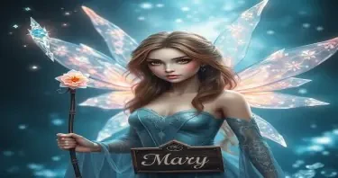 A mystical fairy in shimmering crystal wings, holding flower patterned wand, Brown eyes, brown hair, epic nature and ice bending shot, Video Art art, super high detail, and a sign saying "Mary"
