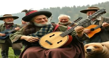 A picture of an ugly Russian peasant woman strumming a balalaika, a bunch of men with balalaikas and tares... not to miss the laughing bear...