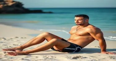 Fit Muscle toned guy sitting on the beach in swimwear with a visible erection