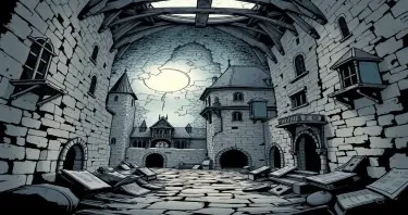 A ruined archive of noble estates drawn in comic gothic style and in Mordheim.