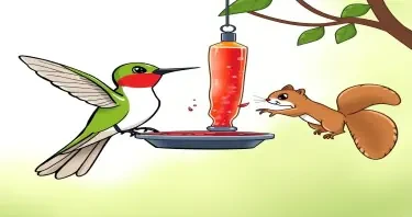 Please create a cartoon drawing of an angry hummingbird chasing away a squirrel who is drinking from a hummingbird feeder
