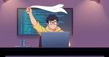 A Software-Developer sitting in front of his laptop. The laptop display shows code lines on it. The developer is raising a white flag above his head..