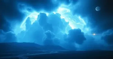 a huge storm on a blue planet in a galaxy far far away while a space battle happens in the background