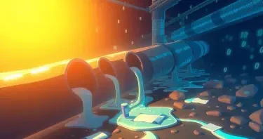 A big pipeline with several leaks where binary data leaks out, the leaks are fixed with wound dressing and plasters