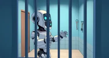 A humaniform robot is standing in a jail cell like the one from the Andy Griffith show. The robot is trying to reach through the bars to a key that is hanging on the wall outside the jail cell to the robot’s right. The key is couple of feet out of its reach. The image should have a slightly humorous vibe. The viewpoint is from the outside the jail cell, eight feet away from the cell, 45 degrees on the robot’s left. The walls are institutional blue.