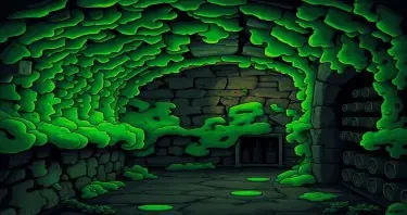 glowing green mold growing in a wine cellar covering the walls. Art style should be comic gothic.