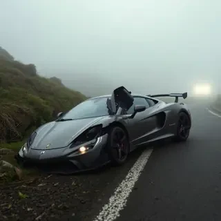 Sports car damaged after rolling over on the roadside, foggy mountain, dim lighting