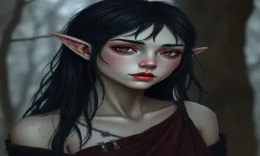 A pale-skinned female elf with red lips and black hair. She has been cursed with undeath and longs to have children.