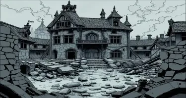 A ruined and collapsing noble estate in the city of Mordheim drawn in a comic gothic style.