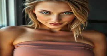 close-up photo of a beautiful blonde woman with large natural breasts, wearing a slightly wrinkled tight crop top stretched across her chest,  no nudity, fabric fully covering her body but outlining the shape subtly, seductive green eyes, asymmetrical soft smile,  soft natural light from window, slightly squinting eyes, tousled wet hair falling to one side,  visible skin pores and light freckles, slight blush on cheeks, photographic depth of field, realistic skin with subtle shadows, candid expression, intimate and lifelike