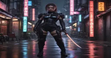 Cyberpunk street samurai warrior woman, about 30 years old, dangerous expression, with skin-tight black futuristic armour bodysuit and glowing katana, crouched and ready for action on a rain-slick street, neon signs, dark city alley, moody lighting, futuristic Tokyo vibe