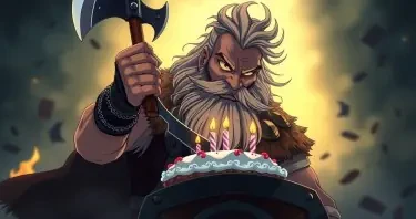 A Heavy Metal viking cutting his birthday cake with a battle axe. The viking has a long grey beard, but just few hair left on his head. his birthday cake lies on his shield.