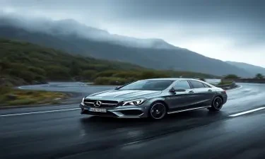 Mercedes Benz CLA250 in Mountain Gray Metallic color, speeding down a winding mountain road in the dark rainy weather
