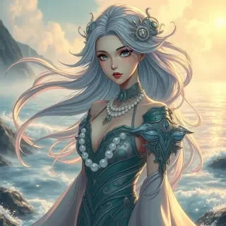Create an image of a breathtaking anime fantasy woman representing an ocean goddess, wearing an elegant aquatic-inspired costume decorated with pearls, crystals, and flowing elements resembling waves. She stands near a magical shoreline with glowing water, mist, and a dreamlike atmosphere. Her serene expression, detailed eyes, flowing hair, and graceful appearance create a powerful fantasy identity. The image should feature realistic materials, fantasy fashion design, atmospheric lighting, rich colors, detailed character rendering, and a cinematic visual style. Full body view, highly polished artwork, realistic fantasy portrait.