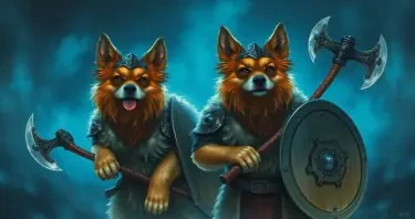 Two hananese dogs in viking disguise, with battle axes and shields.