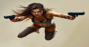 A cinematic digital painting of a fierce woman in mid-action, leaping forward with intense focus. She has long, flowing brown hair and wears a tiny tight sports bra  and leg-warmers and is barefoot. In each hand, she wields a modern handgun, aiming with precision and urgency. Her expression is alert and determined, and her athletic build is emphasized by dramatic lighting. The background is a neutral, blurred studio setting, highlighting her motion and intensity. The art style is realistic with dynamic lighting, sharp shadows, and a touch of motion blur to convey speed and strength. Inspired by sci-fi and action heroines. She is falling / diving sideways right to left