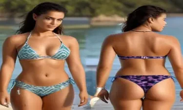 Create a ghilbi style image of ziva david in a bikini