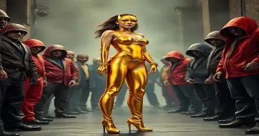 A Superheroine, wearing a gold domino mask, a shiny gold leotard bodysuit that clings to her like a second skin, and gold thigh boots with four-inch stiletto heels, has been captured, having failed to infiltrate an Underworld gathering, and stands now facing the collected gang lords, her hands cuffed in front of her, but determined to face her ordeal with courage.