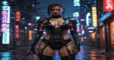 Cyberpunk street samurai warrior woman, about 30 years old, dangerous expression, circuit board tattoos, with skin-tight armoured bodysuit and glowing katana, standing on rain-slick street, neon signs, dark city alley, moody lighting, futuristic Tokyo vibe