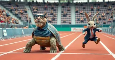 A Tortoise is calmly crossing the finish line of a track race. The Tortoise has a thin beard, is wearing glasses, and is wearing a polo shirt that covers the top half of his shell. Behind the Tortoise is a Rabbit. The Rabbit is falling and looks terrified. The rabbit is carrying scissors. The rabbit is wearing a suit. The stands around the track are occupied with humaniform robots.