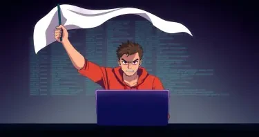 A Software-Developer sitting in front of his laptop. The laptop display shows code lines on it. The developer is raising a white flag above his head..