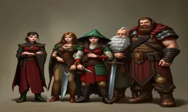 A five-member dungeons and dragons adventuring party consisting of: A thin male elven bard, a female half-elf cleric/warlock, a female half-elf sorceror/warlock, a short but wide male dwarven ranger, and a very tall male half-giant barbarian/paladin.