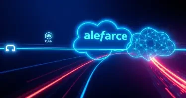 A cinematic, high-tech feature image visualizing the Salesforce Application Lifecycle Management (ALM) pipeline in the FLUX Schnell style.  The composition features a central, continuous, and high-velocity CI/CD flow depicted by glowing, geometric lines of metadata. This pipeline rapidly moves through three distinct, stylized stages:  Development/Code: Represented by a minimalist code bracket icon (<>) and a small, segmented "sandbox" environment.  Testing/Quality: A glowing, analytical scanner or microscope icon.  Deployment/Release: A sharp, upward-pointing arrow or stylized rocket deploying into a large, prominent, and subtly glowing Salesforce Cloud Logo which dominates the background.  Integrate an element of futuristic automation (Agent Force): a geometric, abstract AI brain or neural network overlay with neon blue nodes, strategically positioned to supervise and govern the flow.  Style & Color: Deep, dark blue/purple background, high-contrast neon blue and electric cyan lighting for the pipeline and icons. Use a minimal amount of Salesforce red/orange for critical alert or focus points. The image should be hyper-detailed, ultra-clean, minimalist, and geometric, suitable for a striking video thumbnail.