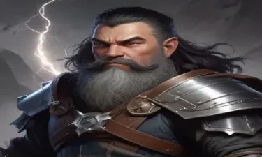 A fifth-edition dungeons and dragons character who is a middle-aged dwarf ranger. He has a wide build, black hair, gray eyes, weilds a magical bow that creates lightning, and wears a mithril breastplate.