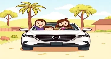cartoon family enjoying a nice sunny day with their new Mazda suv