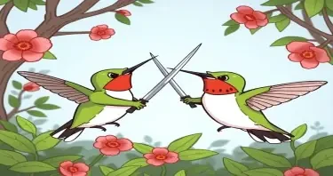 Please create a cartoon drawing of two angry hummingbirds sword fighting with their beaks trying to take over another hummingbird's garden for a children's book.