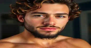 Sexy man with curly hair and short beard. He is in his twenties. he has thik lips. He is toned but not overly muscular.