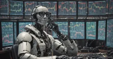 A robot wearing glasses and a telephone headset sitting at a stock trading desk that has multiple monitors showing multiple graphs and an old fashioned stock ticker machine on the side.