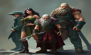 A five-member dungeons and dragons adventuring party consisting of: A thin male elven rogue/bard, a female half-elf cleric/warlock, a female half-elf sorceror/warlock, a short but wide male dwarven ranger, and a very tall male half-giant barbarian/paladin.