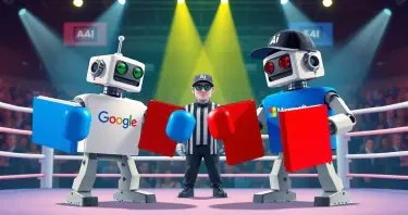 Create a vibrant, eye-catching illustration of two classic Rock'em Sock'em-style robots in a boxing ring. One robot is wearing a white Google-branded T-shirt, and the other is wearing a blue Microsoft-branded T-shirt. Instead of boxing with their fists, each robot is wielding a large, notebook binder as a playful weapon. The Google robot has a blue binder, the Microsoft robot has a red binder. The scene is being refereed by a third robot, styled like the Pixar Movie “Robots”, wearing a black baseball cap with the Perplexity.ai logo clearly visible. The atmosphere is energetic and fun, with the boxing ring set under bright lights and a lively, tech-inspired audience in the background. The overall style should be polished, modern, and suitable for use in a professional technology blog or publication. Avoid using any copyrighted logos; use suggestive branding (such as color schemes and general design elements) to represent Google, Microsoft, and Perplexity.ai.