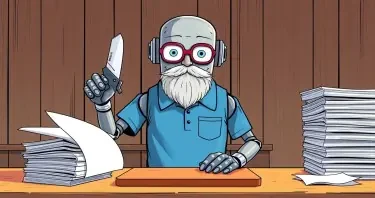 A metal robot with a thin, partially grey beard and eyeglasses, wearing a blue polo shirt, stands facing forward at a cook's chopping table. On the robot's right is a taller pile of bound notebooks, and on the left is a smaller, neatly stacked pile of paper. The robot holds a multi-function knife, similar to a Swiss Army knife or Leatherman multi-tool, in its left hand and a binder from the notebook pile in its right hand. The robot's hands are blurred, indicating rapid movement as it swiftly reduces the binders into simple paper.