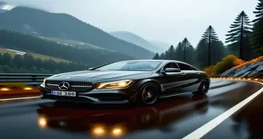 Mercedes Benz CLA250 in Mountain Gray Metallic color, speeding down a winding mountain road in the dark rainy weather with halo headlights on