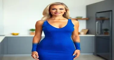 A sexually mature adult woman shown in front-facing profile, standing in a clean, modern kitchen environment. Her body displays fully developed adult proportions — a narrow waist framed by softly rounded hips and a full, lifted chest that projects naturally forward with mature definition. The front view highlights the symmetry and volume of her chest beneath a tightly fitted blue dress, shaped with subtle anatomical realism. Her hips are smoothly contoured, and while her glutes are partially obscured from this angle, the width and structure of her lower body are clearly defined. Her abdomen is flat and firm, with light natural texture suggesting experience without imperfection. Her face is the central point of focus — clear blue eyes, long eyelashes, a small refined nose, full shaped lips with subtle asymmetry, straight white teeth, and a well-proportioned, projecting jawline. Slight natural facial lines and lifted cheeks express graceful maturity. Her long, voluminous blonde hair is styled neatly, falling over her shoulders with soft density. She is dressed in a sleek, form-fitting blue dress — tailored to outline her chest, midsection, and hips with precision, accentuating her shape without exaggeration. The lighting is soft and diffused, enhancing her skin tone and casting gentle shadows along her neckline, chest, and hip contours. The background includes high-end kitchen elements such as polished countertops, cabinetry, and subtle reflections. The image is photorealistic and high resolution, with primary visual emphasis on her face, the curvature and posture of her chest, and the balance of her hips — conveying composed, sexually mature femininity through confident frontal presence.