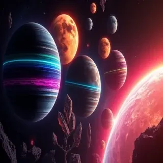 create a universe of planets including planets with bands made of different crystals