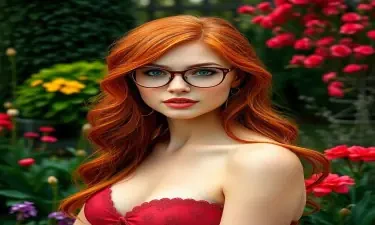 incredible photorealism, super pretty redhead woman, glasses, sexy busty figure, posing in a fancy garden, highly detailed facial features, 64k, sharp focus, full body shot