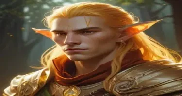 A fifth-edition dungeons and dragons characer who is a young male eladrin druid with golden luminous skin, a low strength.