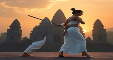 A fierce brazillian duellist woman wearing white shalwar trousers and a white yoga top, facing right, side view to the camera, legs planted in a wide stance, holding a japanese katana sword pointed to the right, in front of a huge stone cambodian-style temple, at dawn