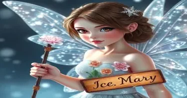 A mystical fairy in shimmering crystal wings, holding flower patterned wand, Brown eyes, brown hair, epic nature and ice bending shot, Video Art art, super high detail, and a sign saying "Mary"